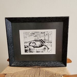 Sleeping Kitty Framed Art Print Cartoon Graphic Black White Wood Frame